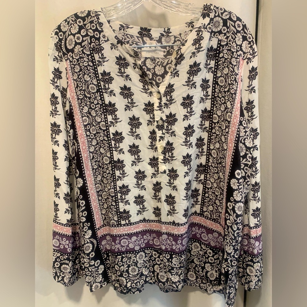 LOFT Women's Tunic, 5-Button Front, Black & White Floral w/Pink Border; Size S